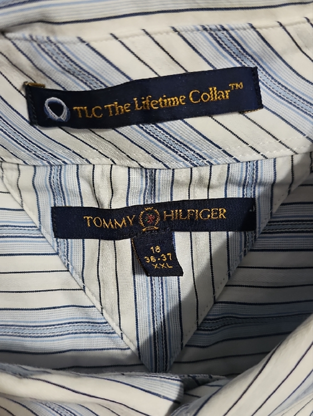 Tommy Hilfiger Mens XXL Blue White Striped Lifetime Collar Button Down Shirt 18 - Picture 2 of 3